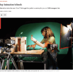 Screenshot of The Hollywood Reporter's Top Animation School story with an image of a woman at working on a miniature fillm set.
